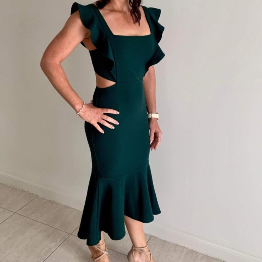 Petal & Pup Dark Green Ruffle-Trim Midi Dress